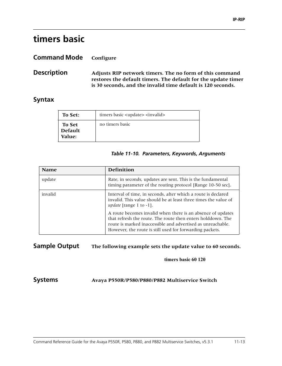 Timers basic, Timers basic -13, Command mode | Description, Syntax, Sample output, Systems | Avaya Cajun P550R User Manual | Page 214 / 679