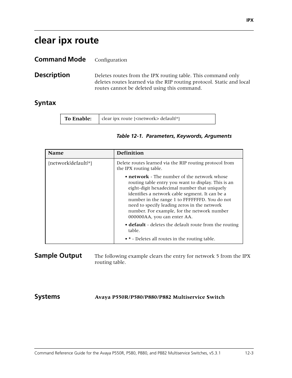 Clear ipx route, Clear ipx route -3, Command mode | Description, Syntax, Sample output, Systems | Avaya Cajun P550R User Manual | Page 220 / 679