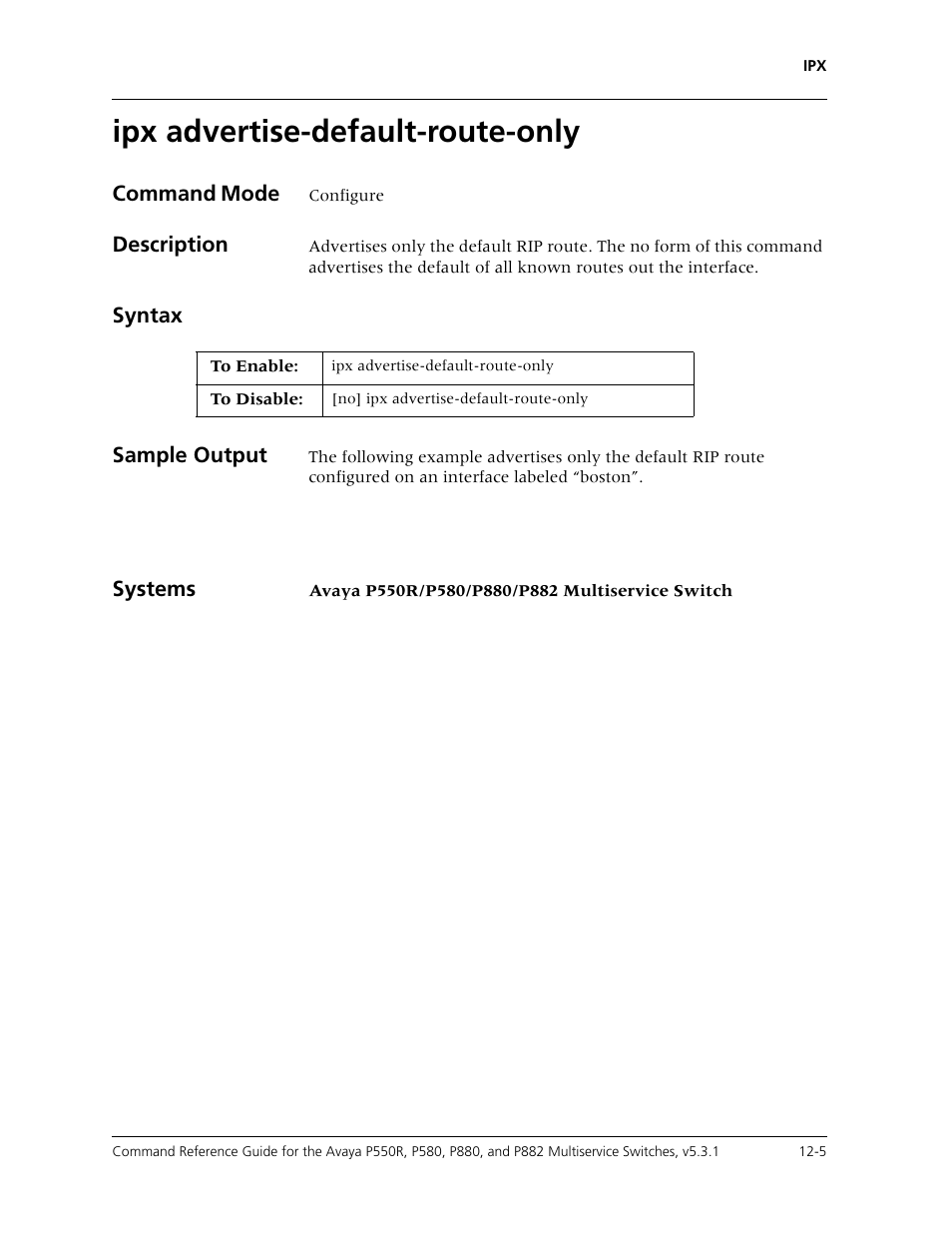 Ipx advertise-default-route-only, Ipx advertise-default-route-only -5 | Avaya Cajun P550R User Manual | Page 222 / 679