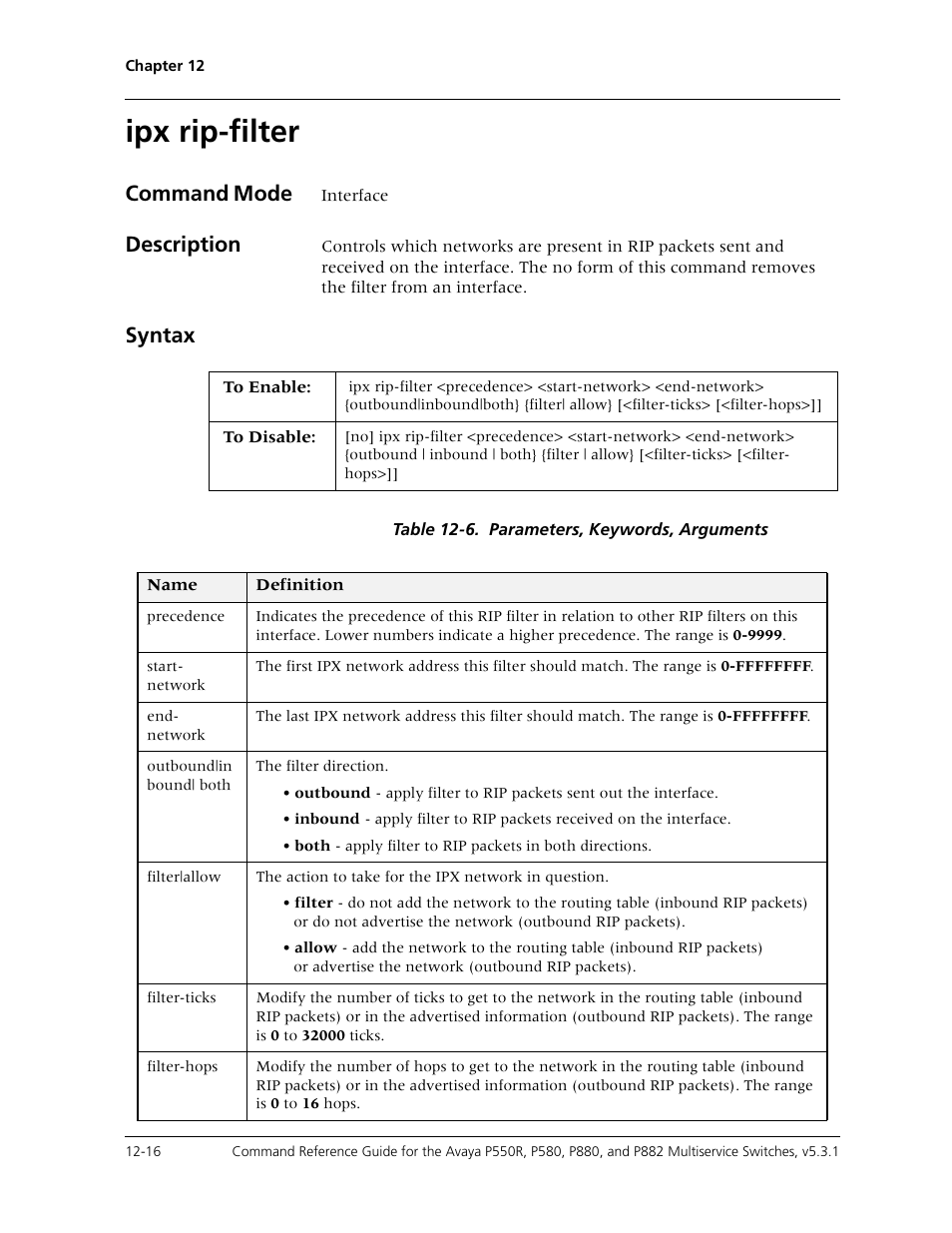 Ipx rip-filter, Ipx rip-filter -16, Command mode | Description, Syntax | Avaya Cajun P550R User Manual | Page 233 / 679