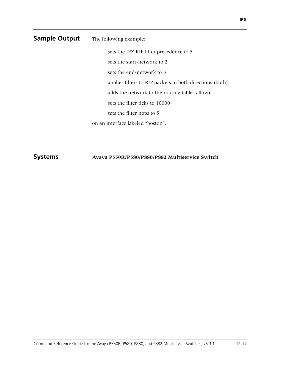 Sample output, Systems | Avaya Cajun P550R User Manual | Page 234 / 679