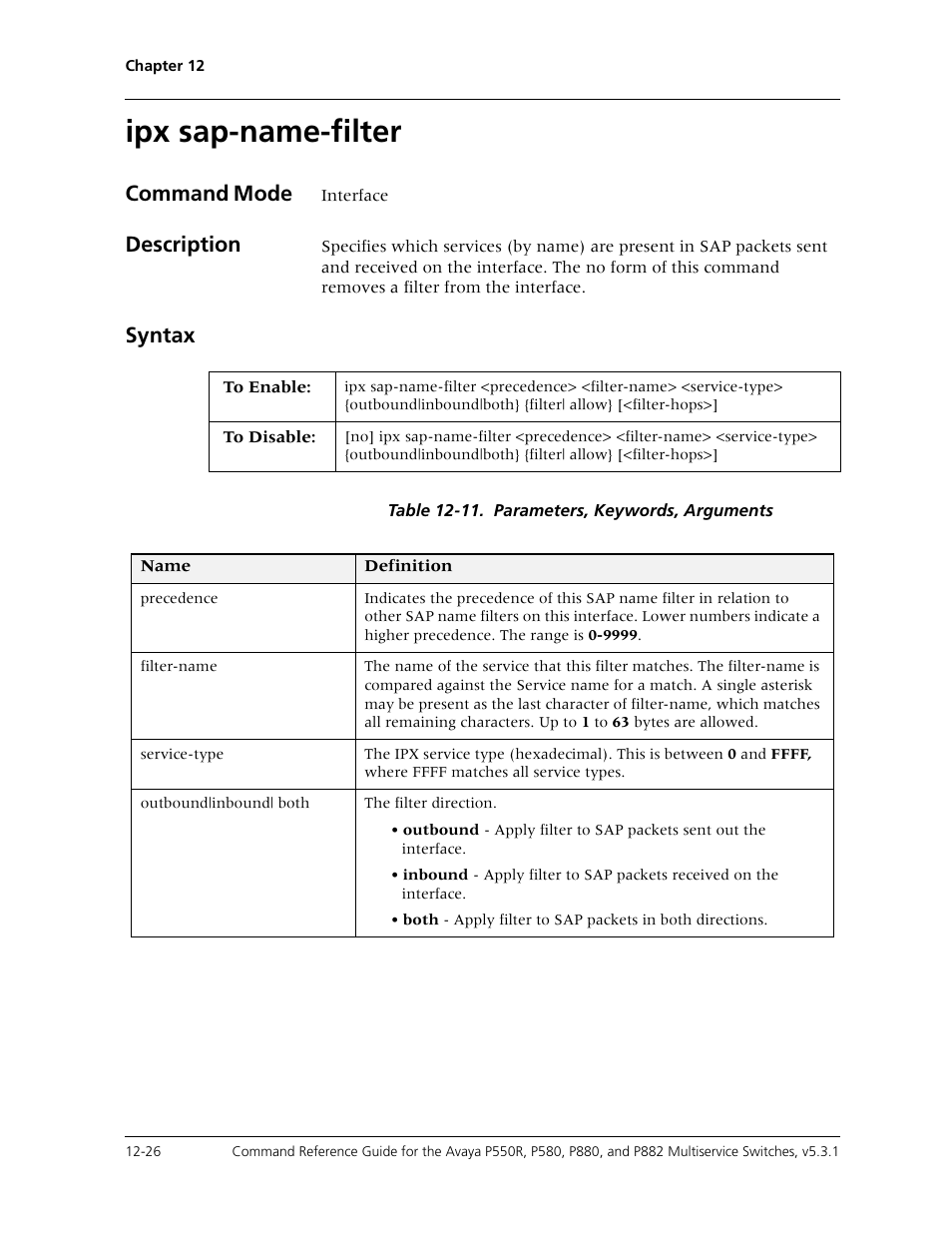 Ipx sap-name-filter, Ipx sap-name-filter -26, Command mode | Description, Syntax | Avaya Cajun P550R User Manual | Page 243 / 679