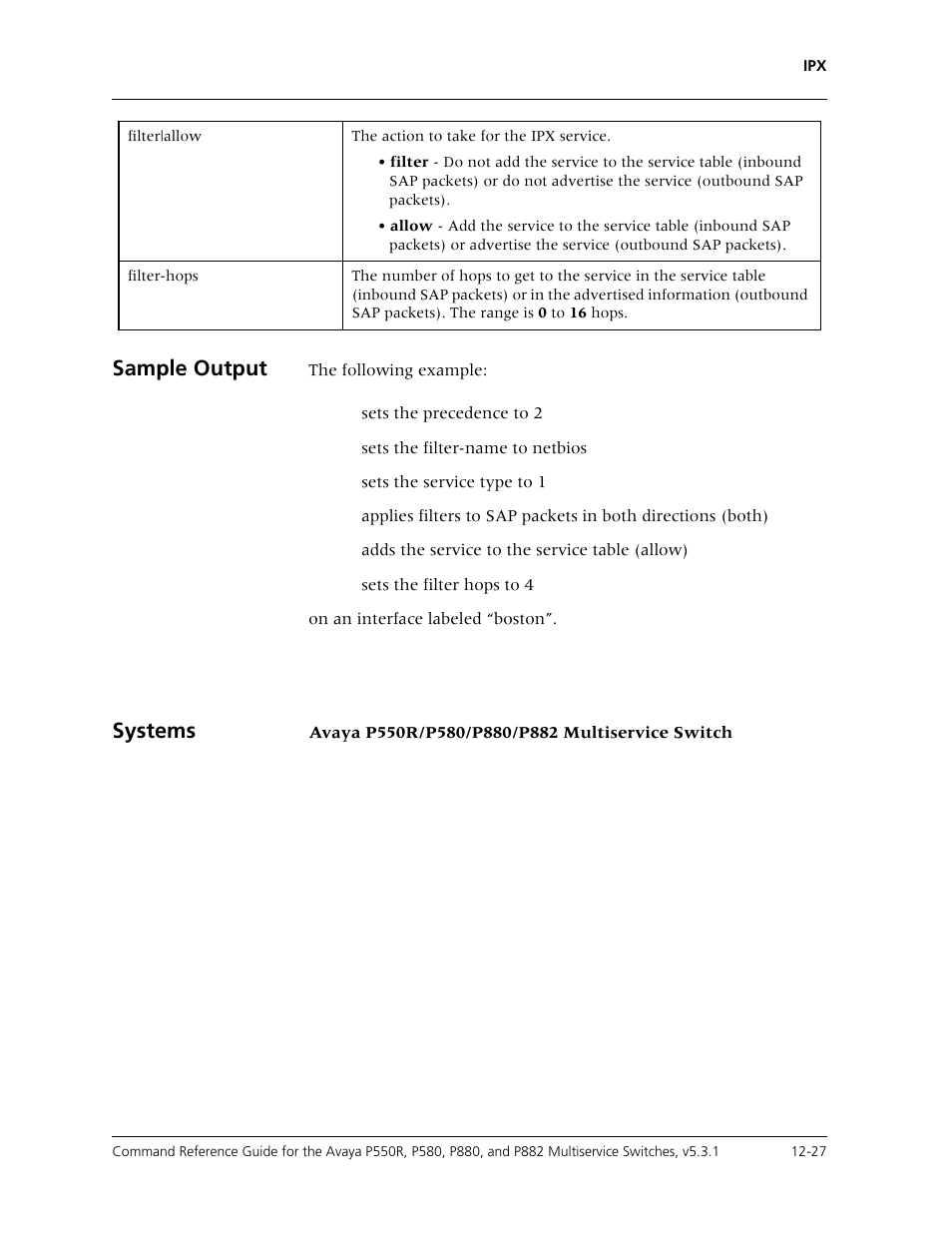 Sample output, Systems | Avaya Cajun P550R User Manual | Page 244 / 679