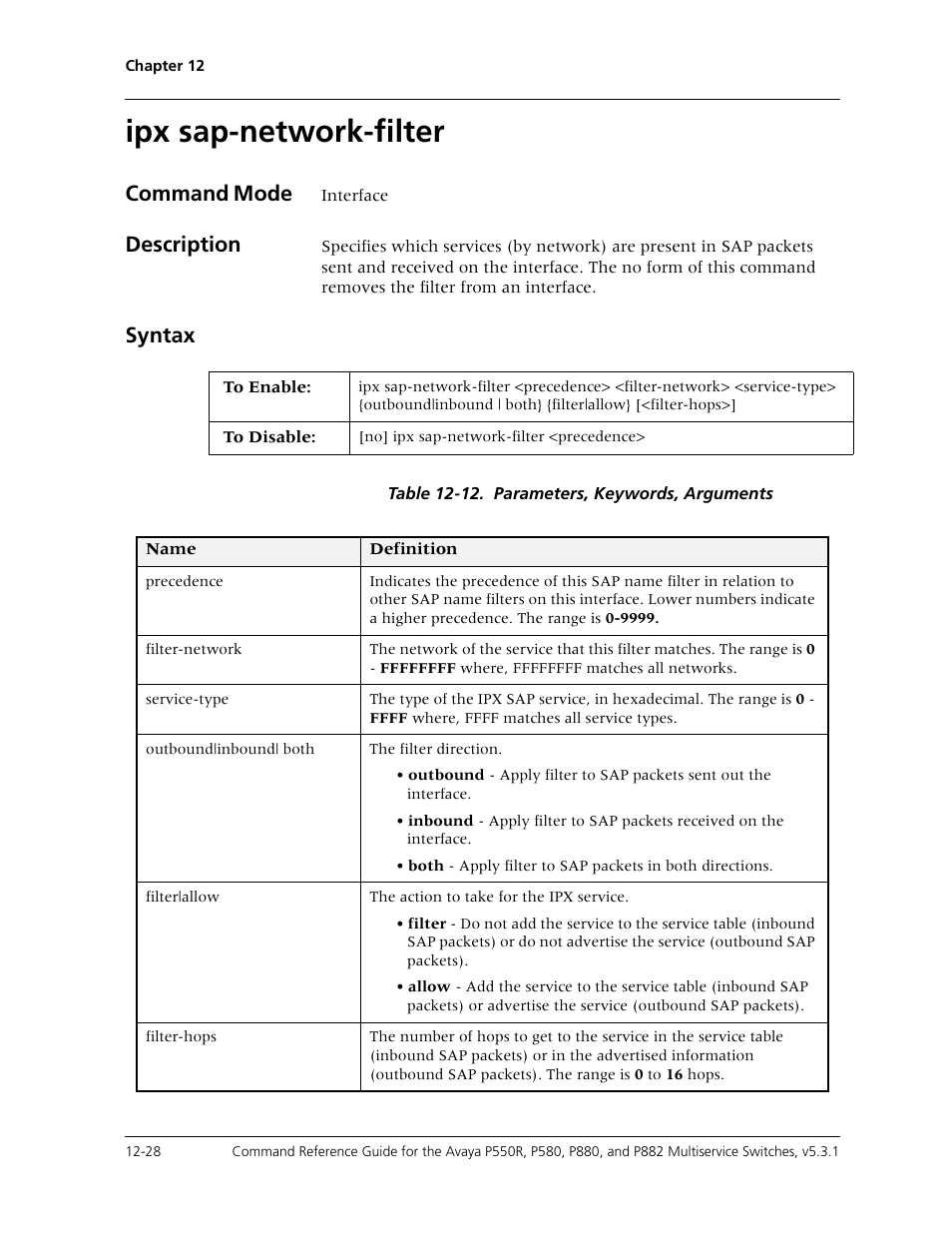 Ipx sap-network-filter, Ipx sap-network-filter -28, Command mode | Description, Syntax | Avaya Cajun P550R User Manual | Page 245 / 679