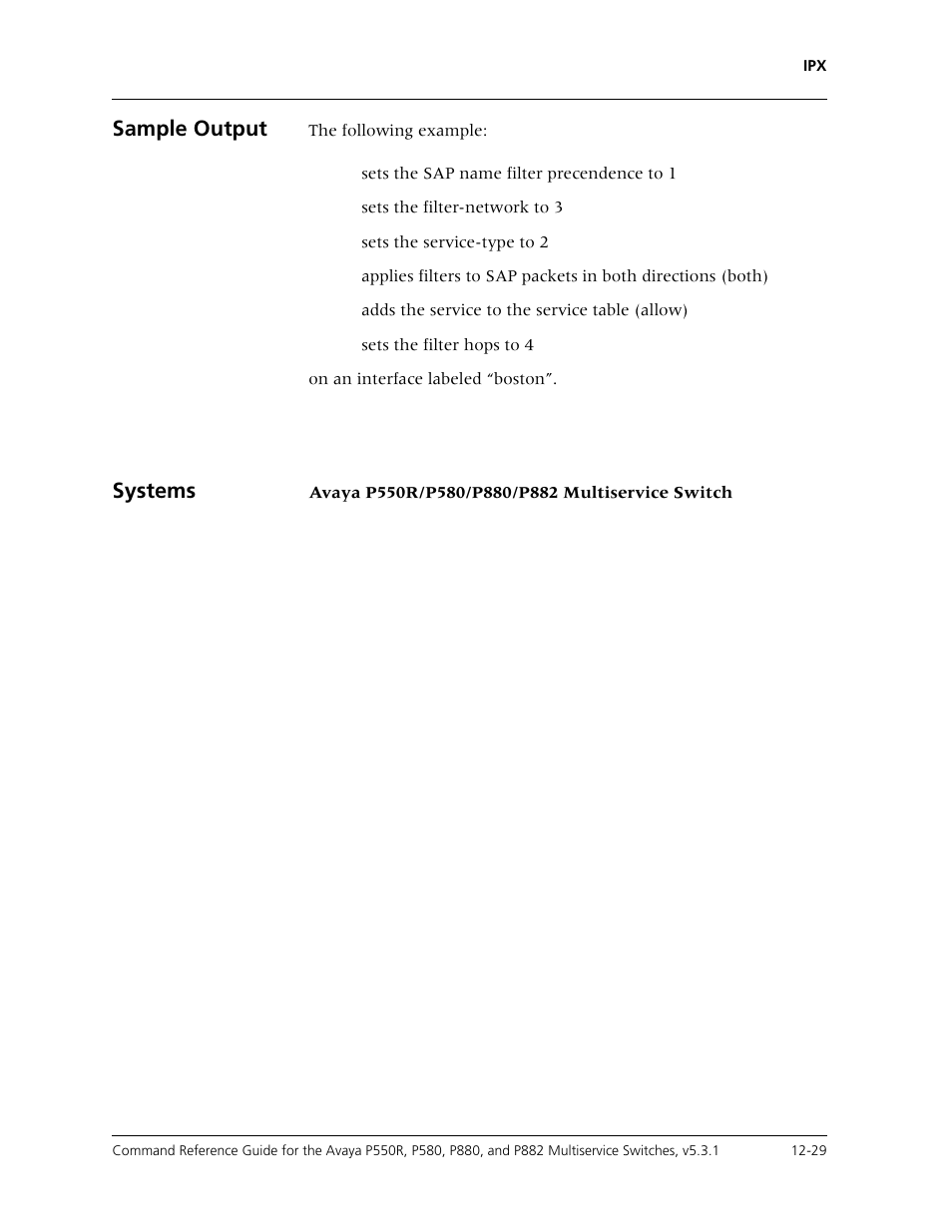 Sample output, Systems | Avaya Cajun P550R User Manual | Page 246 / 679