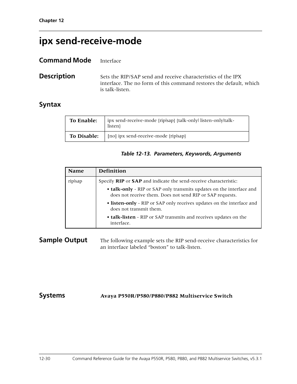 Ipx send-receive-mode, Ipx send-receive-mode -30, Command mode | Description, Syntax, Sample output, Systems | Avaya Cajun P550R User Manual | Page 247 / 679