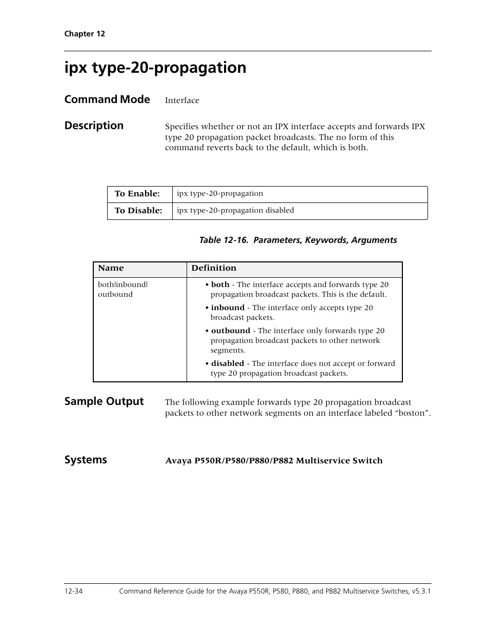 Ipx type-20-propagation, Ipx type-20-propagation -34, Command mode | Description, Sample output, Systems | Avaya Cajun P550R User Manual | Page 251 / 679