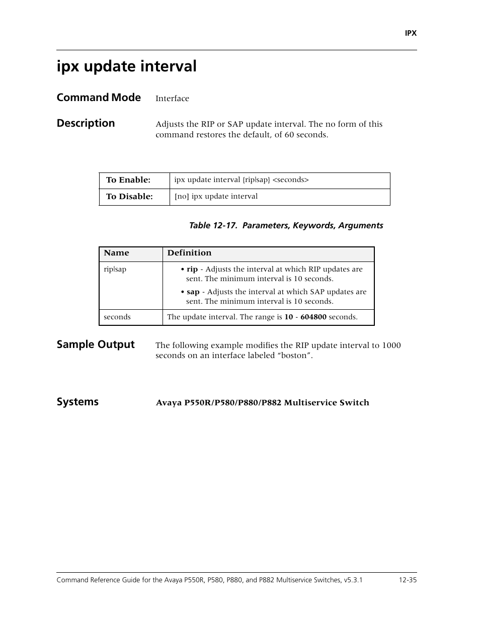 Ipx update interval, Ipx update interval -35, Command mode | Description, Sample output, Systems | Avaya Cajun P550R User Manual | Page 252 / 679