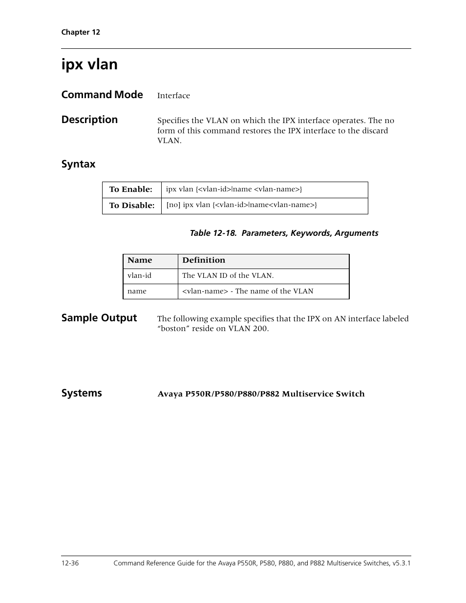 Ipx vlan, Ipx vlan -36, Command mode | Description, Syntax, Sample output, Systems | Avaya Cajun P550R User Manual | Page 253 / 679