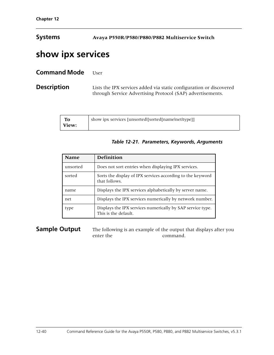 Show ipx services, Show ipx services -40, Systems | Command mode, Description, Sample output | Avaya Cajun P550R User Manual | Page 257 / 679