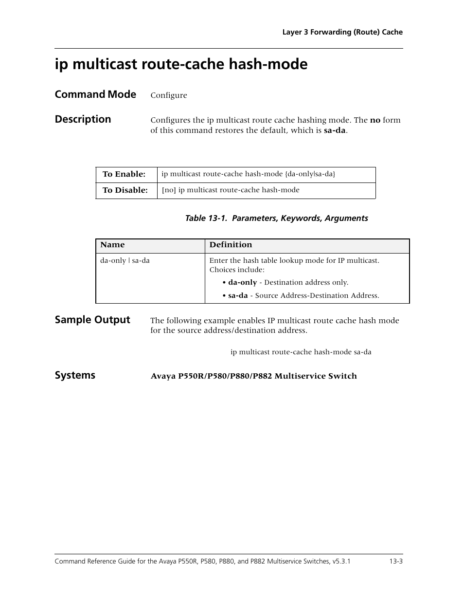 Ip multicast route-cache hash-mode, Ip multicast route-cache hash-mode -3, Command mode | Description, Sample output, Systems | Avaya Cajun P550R User Manual | Page 262 / 679
