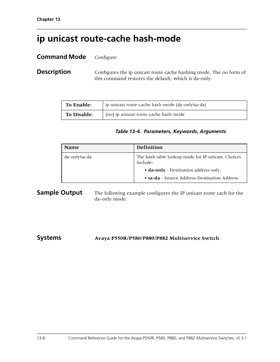 Ip unicast route-cache hash-mode, Ip unicast route-cache hash-mode -8, Command mode | Description, Sample output, Systems | Avaya Cajun P550R User Manual | Page 267 / 679