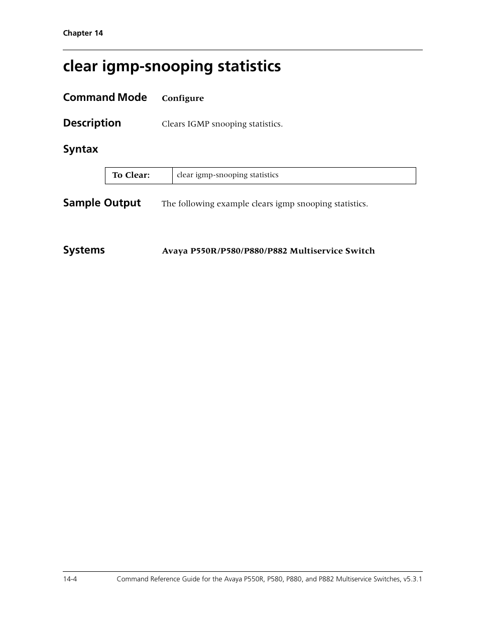 Clear igmp-snooping statistics, Clear igmp-snooping statistics -4 | Avaya Cajun P550R User Manual | Page 281 / 679