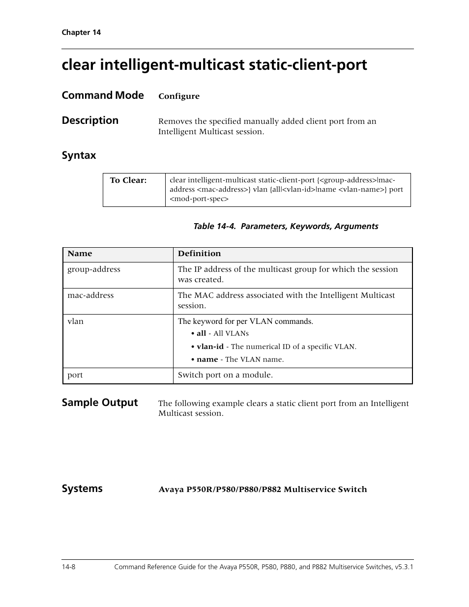 Clear intelligent-multicast static-client-port, Clear intelligent-multicast static-client-port -8, Command mode | Description, Syntax, Sample output, Systems | Avaya Cajun P550R User Manual | Page 285 / 679