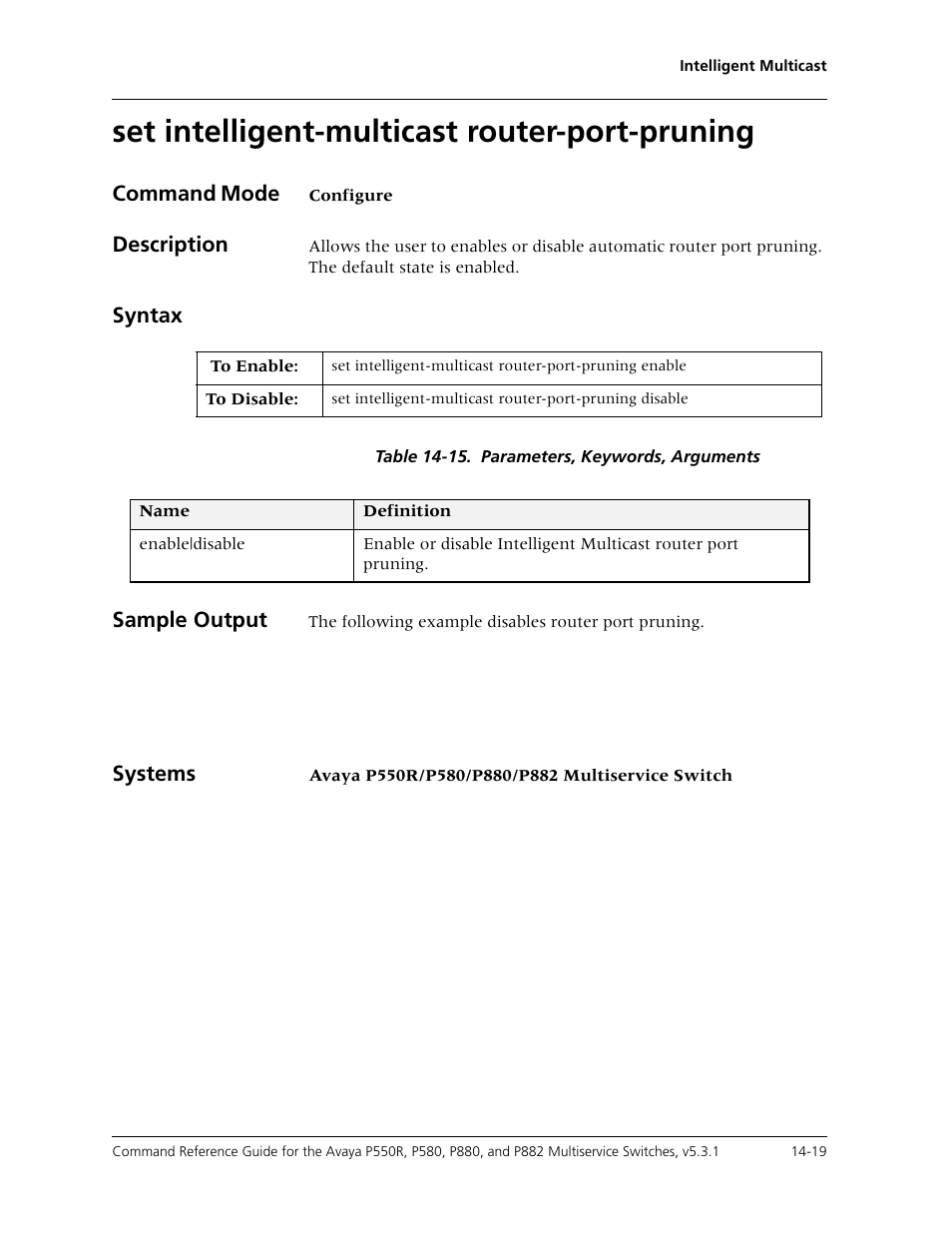 Set intelligent-multicast router-port-pruning, Set intelligent-multicast router-port-pruning -19 | Avaya Cajun P550R User Manual | Page 296 / 679