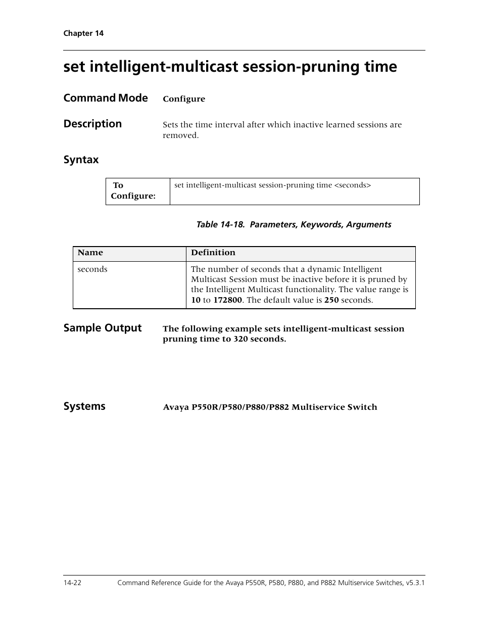 Set intelligent-multicast session-pruning time, Set intelligent-multicast session-pruning time -22 | Avaya Cajun P550R User Manual | Page 299 / 679