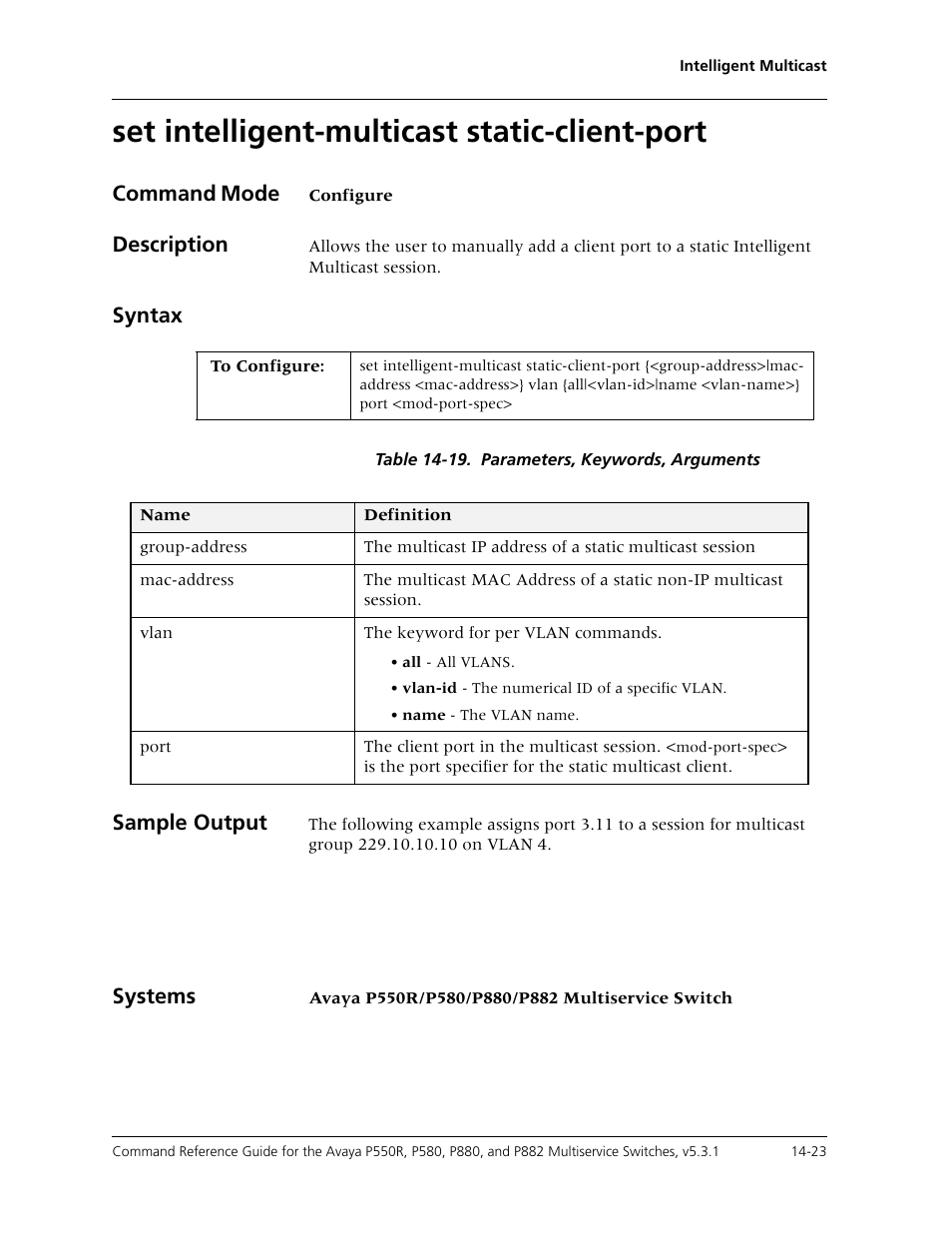 Set intelligent-multicast static-client-port, Set intelligent-multicast static-client-port -23, Command mode | Description, Syntax, Sample output, Systems | Avaya Cajun P550R User Manual | Page 300 / 679