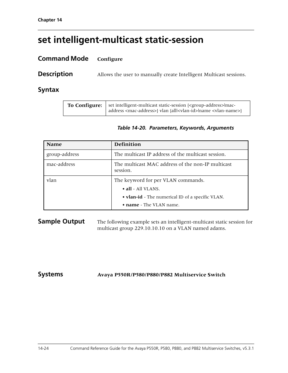 Set intelligent-multicast static-session, Set intelligent-multicast static-session -24 | Avaya Cajun P550R User Manual | Page 301 / 679