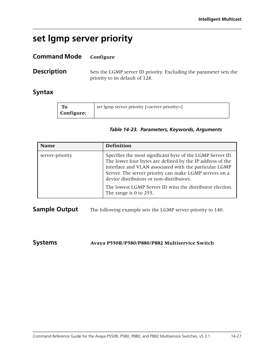 Set lgmp server priority, Set lgmp server priority -27 | Avaya Cajun P550R User Manual | Page 304 / 679