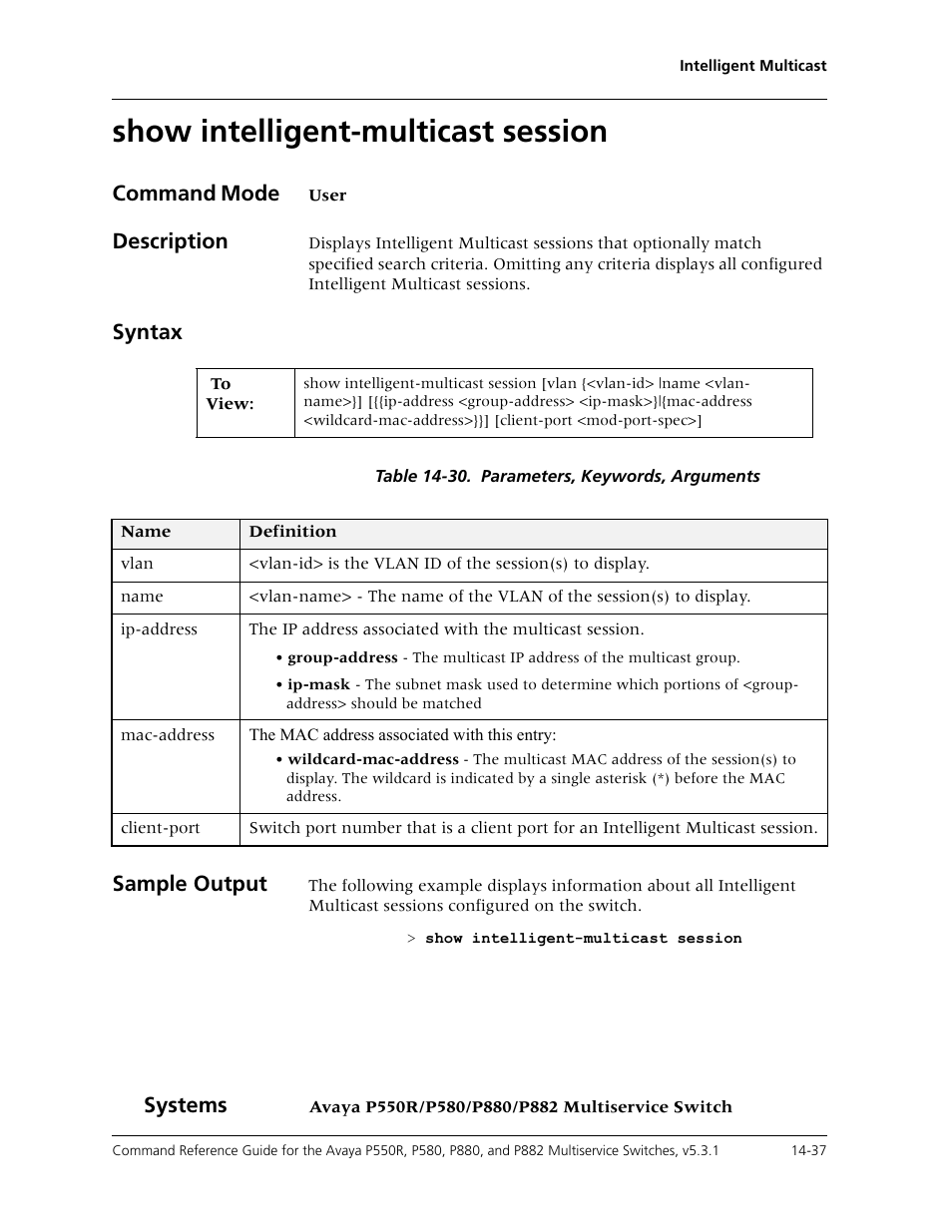 Show intelligent-multicast session, Show intelligent-multicast session -37, Command mode | Description, Syntax, Sample output, Systems | Avaya Cajun P550R User Manual | Page 314 / 679