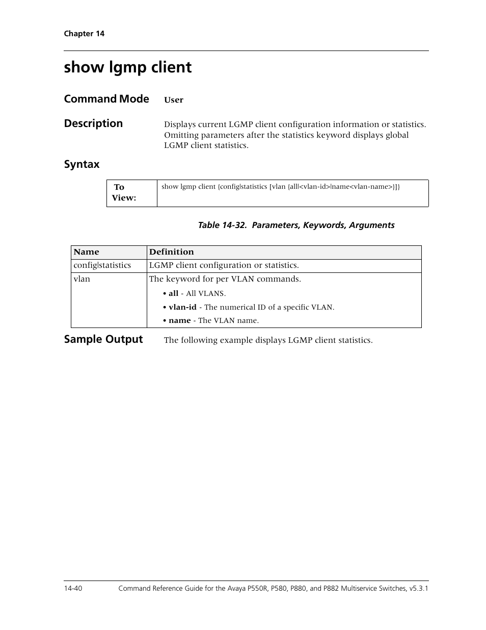 Show lgmp client, Show lgmp client -40, Command mode | Description, Syntax, Sample output | Avaya Cajun P550R User Manual | Page 317 / 679