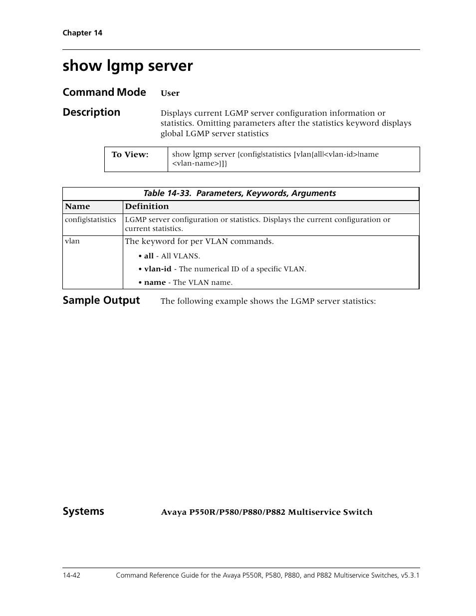 Show lgmp server, Show lgmp server -42, Command mode | Description, Sample output, Systems | Avaya Cajun P550R User Manual | Page 319 / 679