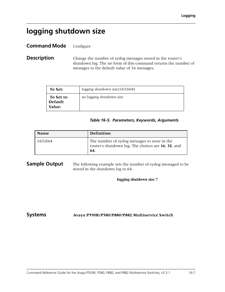 Logging shutdown size, Logging shutdown size -7 | Avaya Cajun P550R User Manual | Page 332 / 679