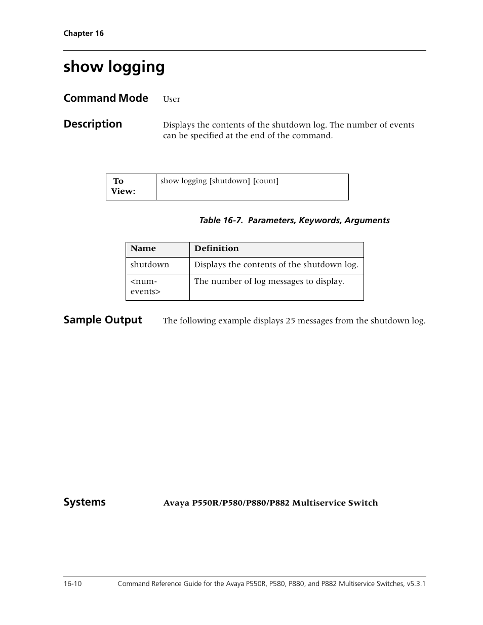 Show logging, Show logging -10, Command mode | Description, Sample output, Systems | Avaya Cajun P550R User Manual | Page 335 / 679