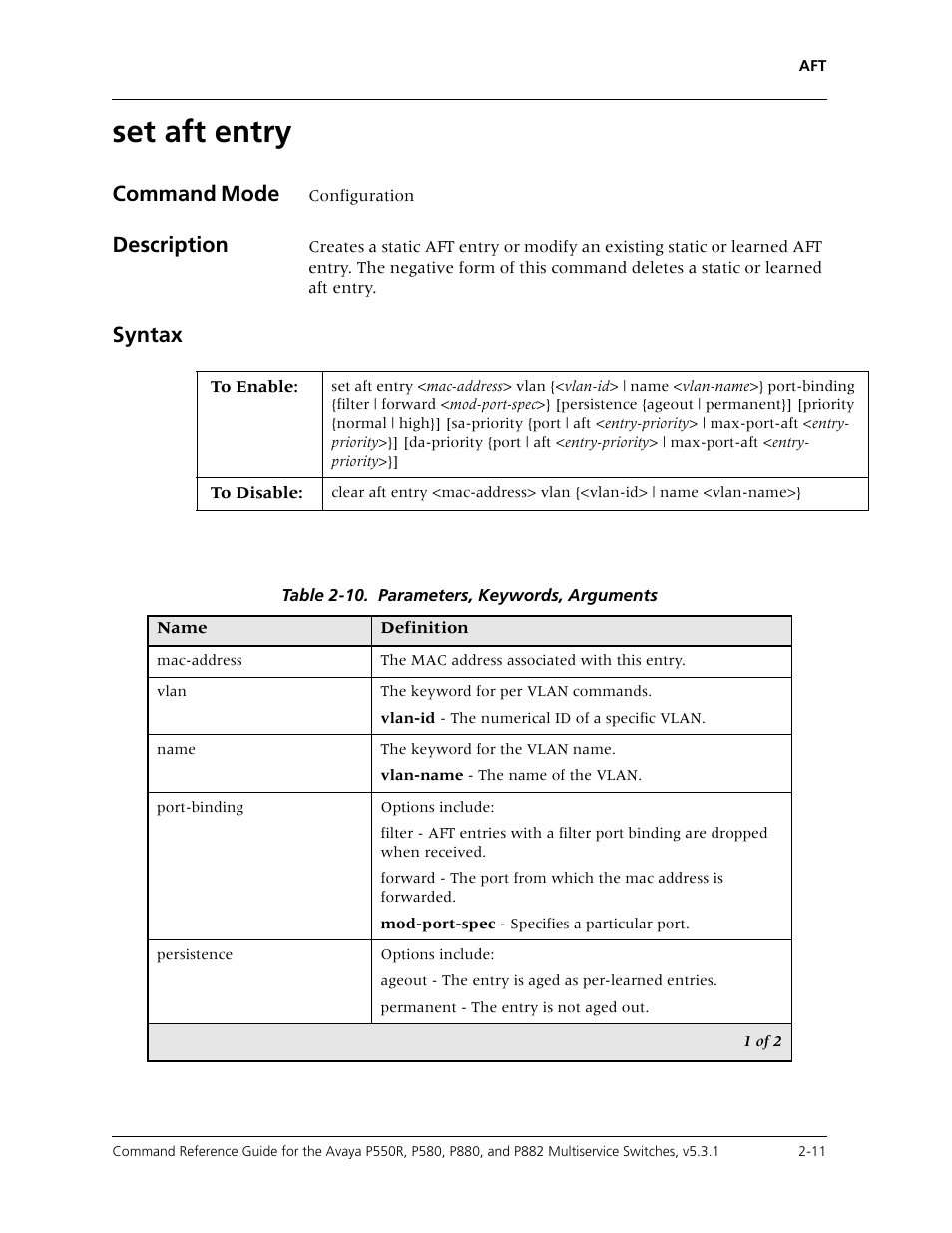 Set aft entry, Set aft entry -11, Command mode | Description, Syntax | Avaya Cajun P550R User Manual | Page 34 / 679