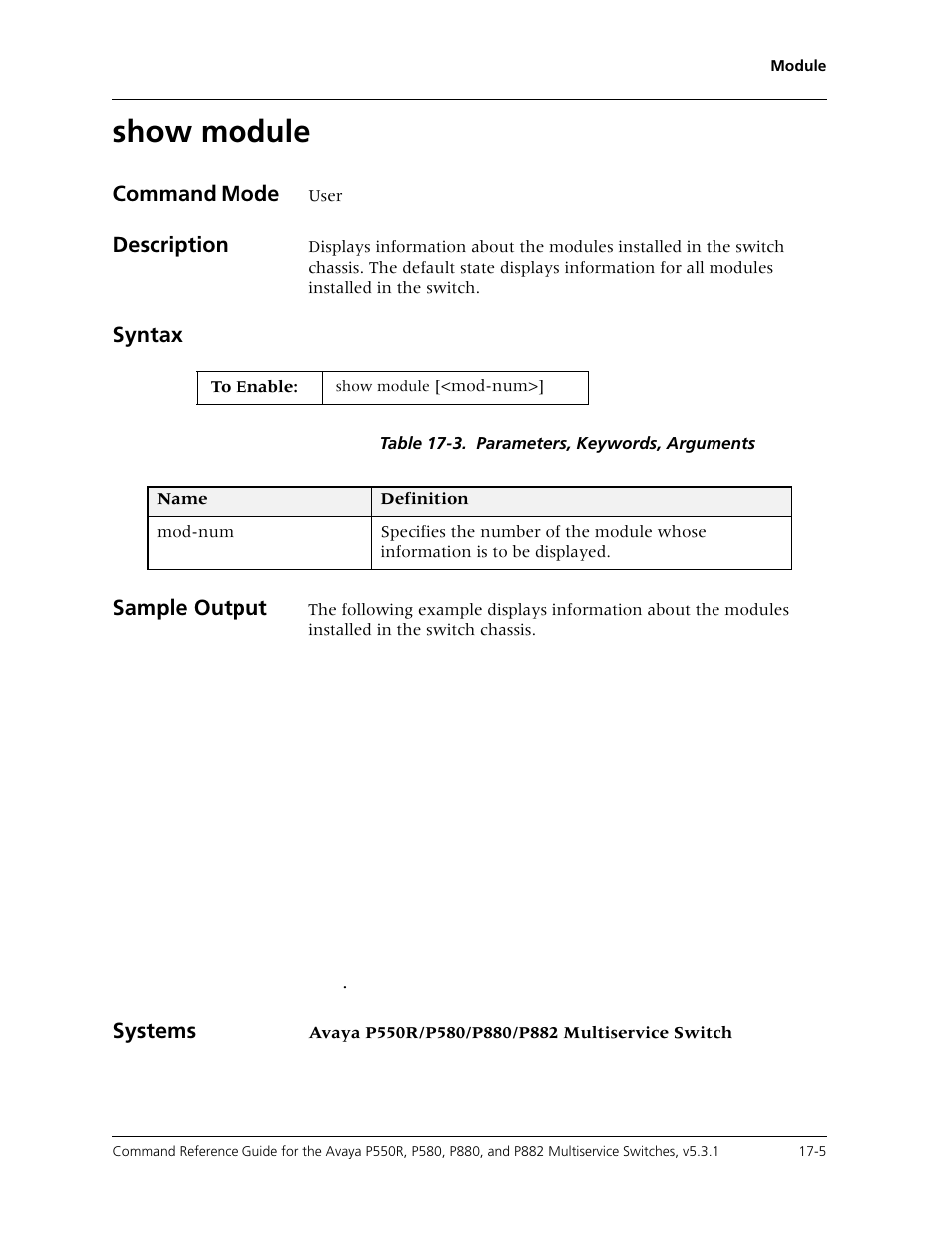 Show module, Show module -5, Command mode | Description, Syntax, Sample output, Systems | Avaya Cajun P550R User Manual | Page 340 / 679