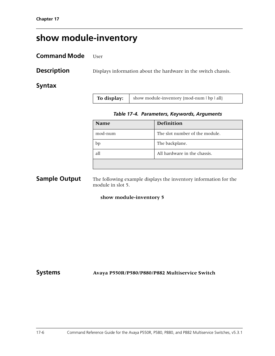 Show module-inventory, Show module-inventory -6, Command mode | Description, Syntax sample output, Systems | Avaya Cajun P550R User Manual | Page 341 / 679