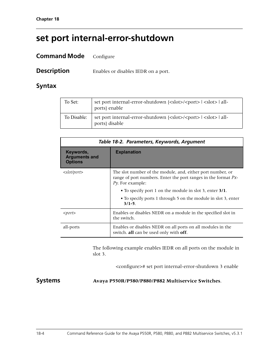 Set port internal-error-shutdown, Set port internal-error-shutdown -4, Command mode | Description, Syntax, Systems | Avaya Cajun P550R User Manual | Page 345 / 679