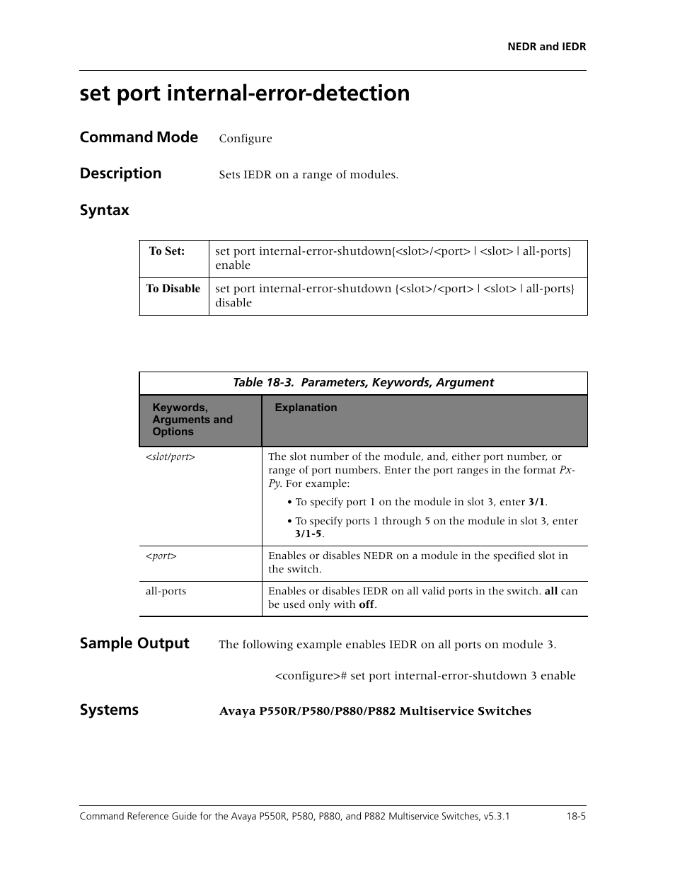 Set port internal-error-detection, Set port internal-error-detection -5, Command mode | Description, Syntax sample output, Systems | Avaya Cajun P550R User Manual | Page 346 / 679