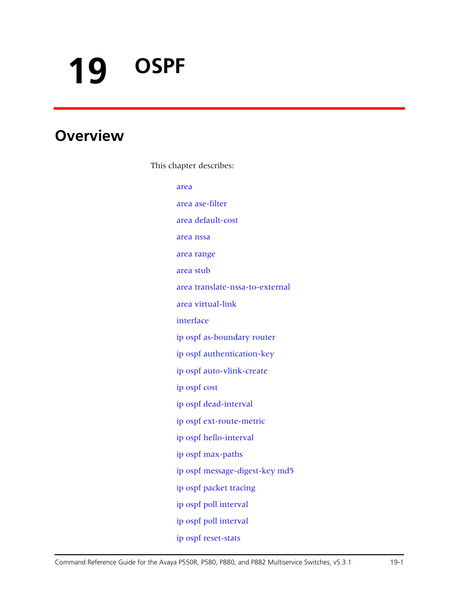 19 ospf, Overview, Chapter 19 — ospf -1 | Overview -1, Ospf | Avaya Cajun P550R User Manual | Page 348 / 679