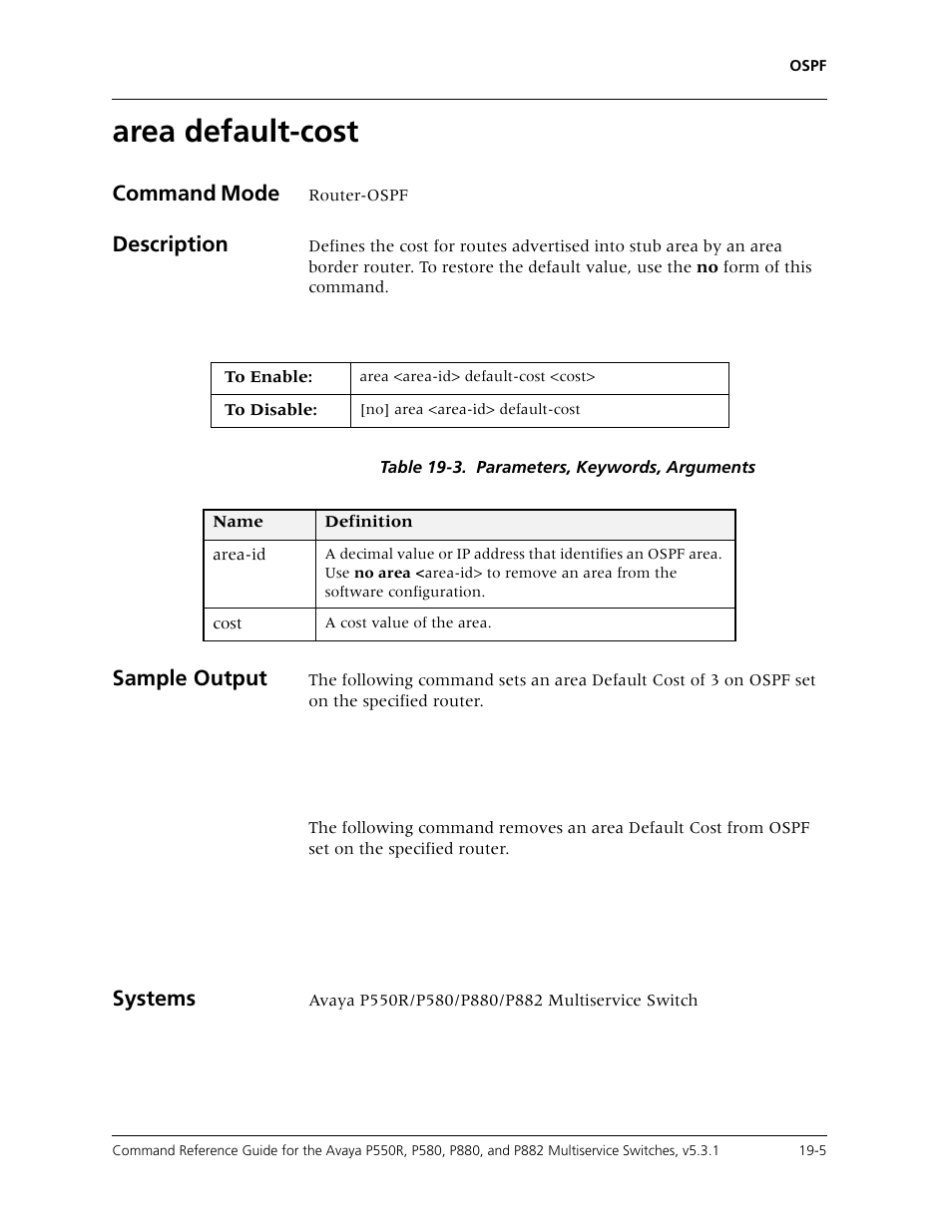 Area default-cost, Area default-cost -5, Command mode | Description, Sample output, Systems | Avaya Cajun P550R User Manual | Page 352 / 679
