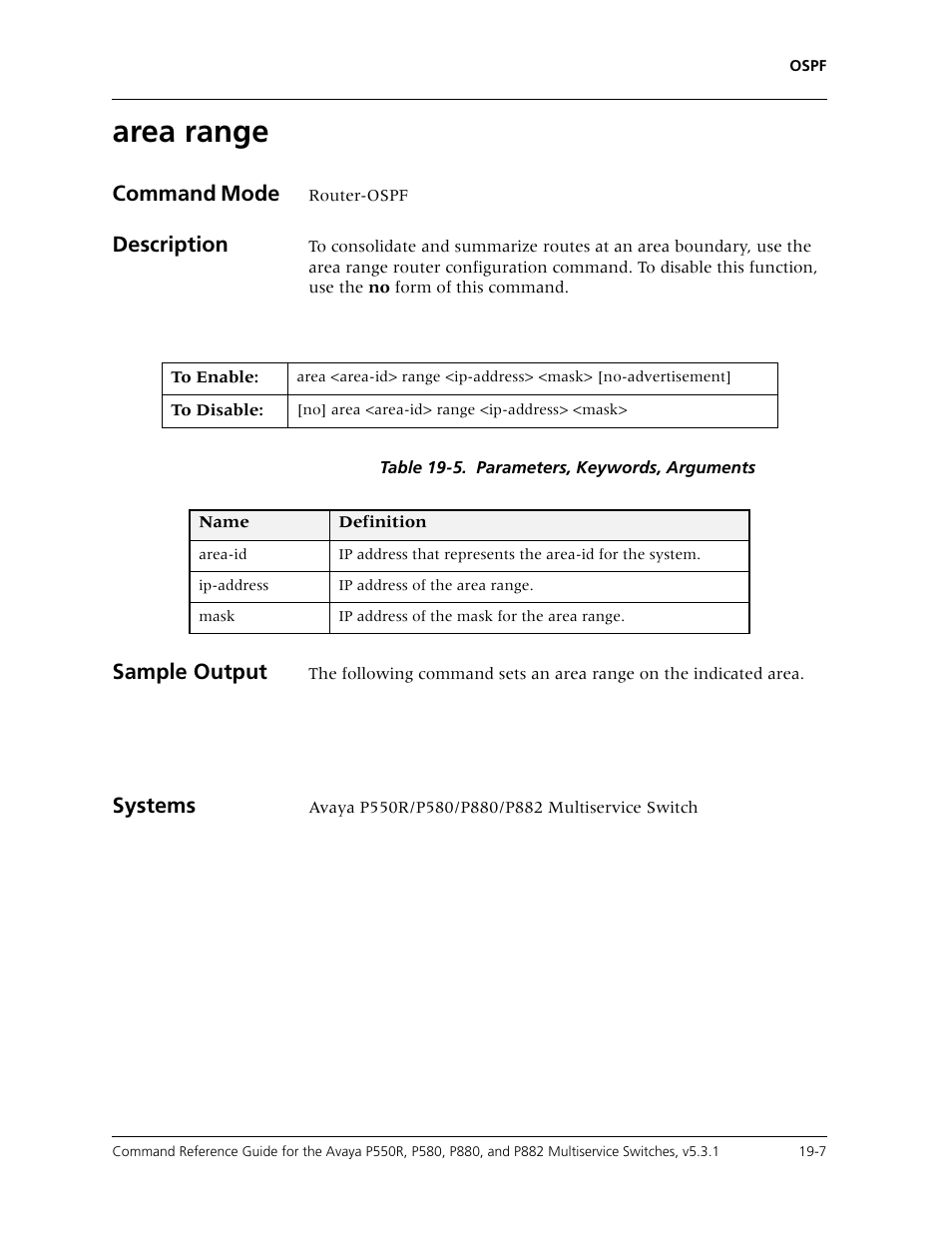 Area range, Area range -7, Command mode | Description, Sample output, Systems | Avaya Cajun P550R User Manual | Page 354 / 679