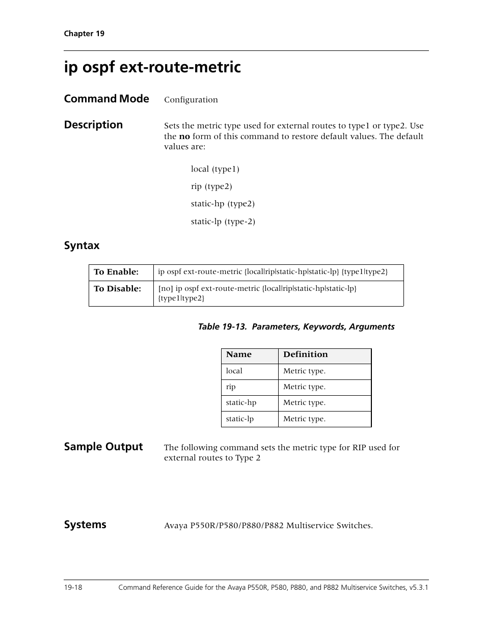 Ip ospf ext-route-metric, Ip ospf ext-route-metric -18, Command mode | Description, Syntax, Sample output, Systems | Avaya Cajun P550R User Manual | Page 365 / 679