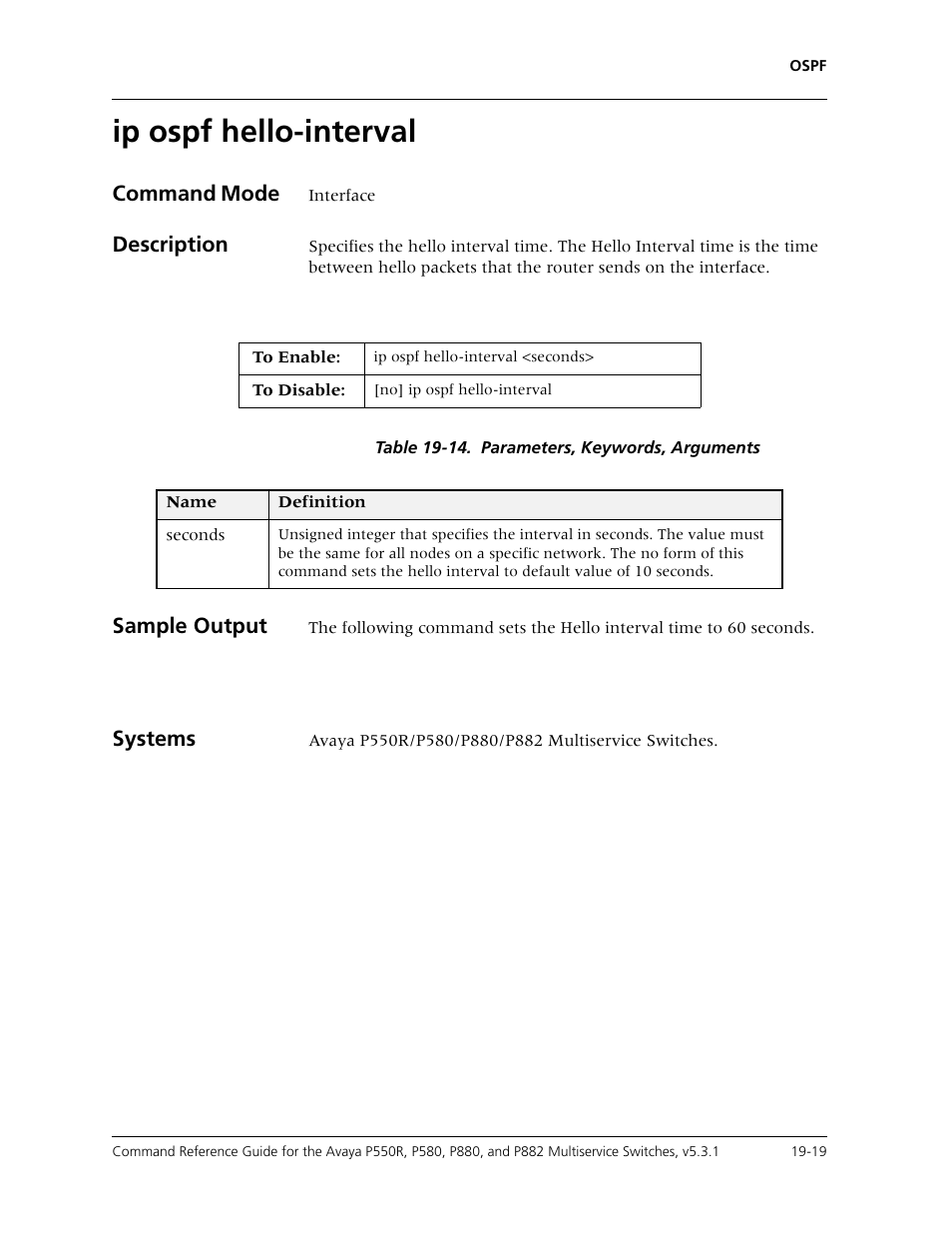 Ip ospf hello-interval, Ip ospf hello-interval -19 | Avaya Cajun P550R User Manual | Page 366 / 679