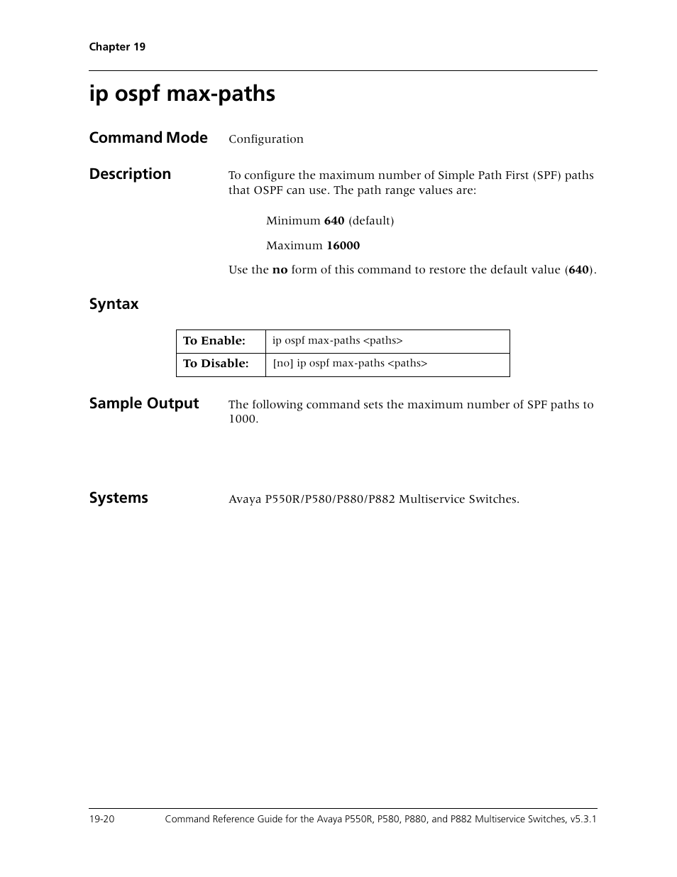 Ip ospf max-paths, Ip ospf max-paths -20, Command mode | Description, Syntax sample output, Systems | Avaya Cajun P550R User Manual | Page 367 / 679