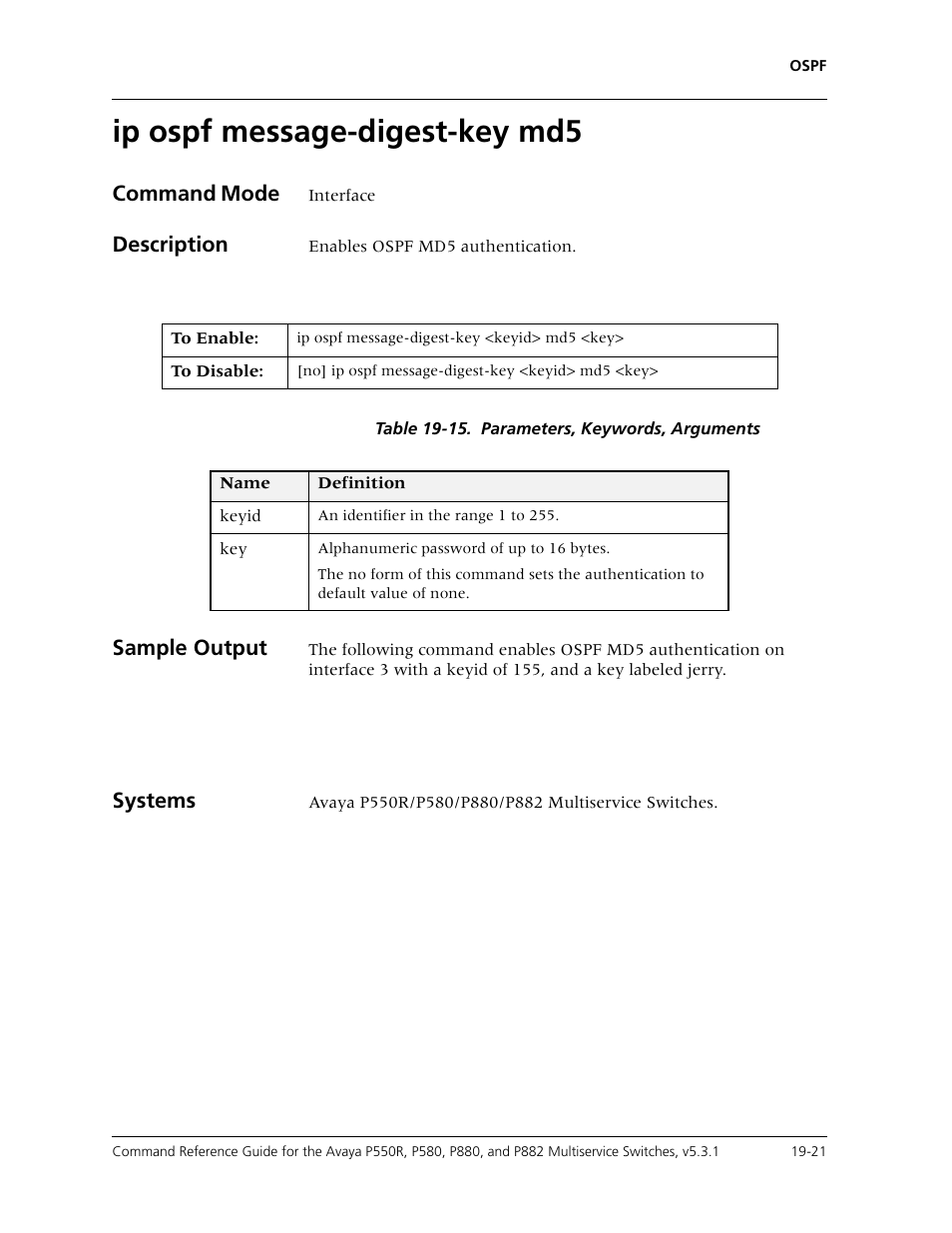 Ip ospf message-digest-key md5, Ip ospf message-digest-key md5 -21, Command mode | Description, Sample output, Systems | Avaya Cajun P550R User Manual | Page 368 / 679