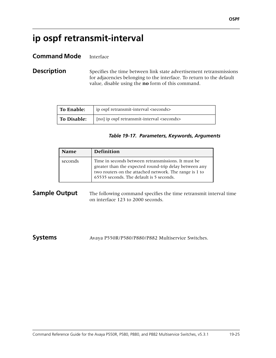 Ip ospf retransmit-interval, Ip ospf retransmit-interval -25 | Avaya Cajun P550R User Manual | Page 372 / 679