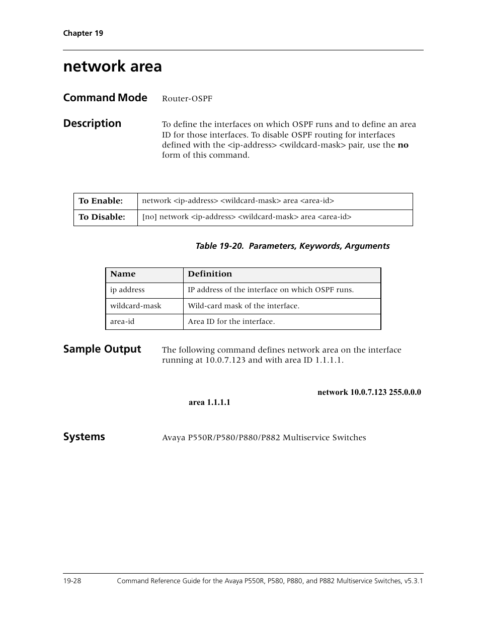 Network area, Network area -28, Command mode | Description, Sample output, Systems | Avaya Cajun P550R User Manual | Page 375 / 679