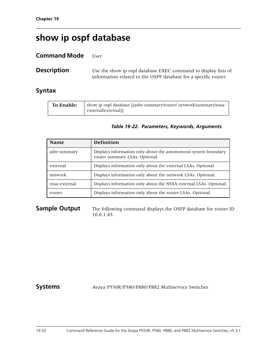 Show ip ospf database, Show ip ospf database -32, Command mode | Description, Syntax, Sample output, Systems | Avaya Cajun P550R User Manual | Page 379 / 679