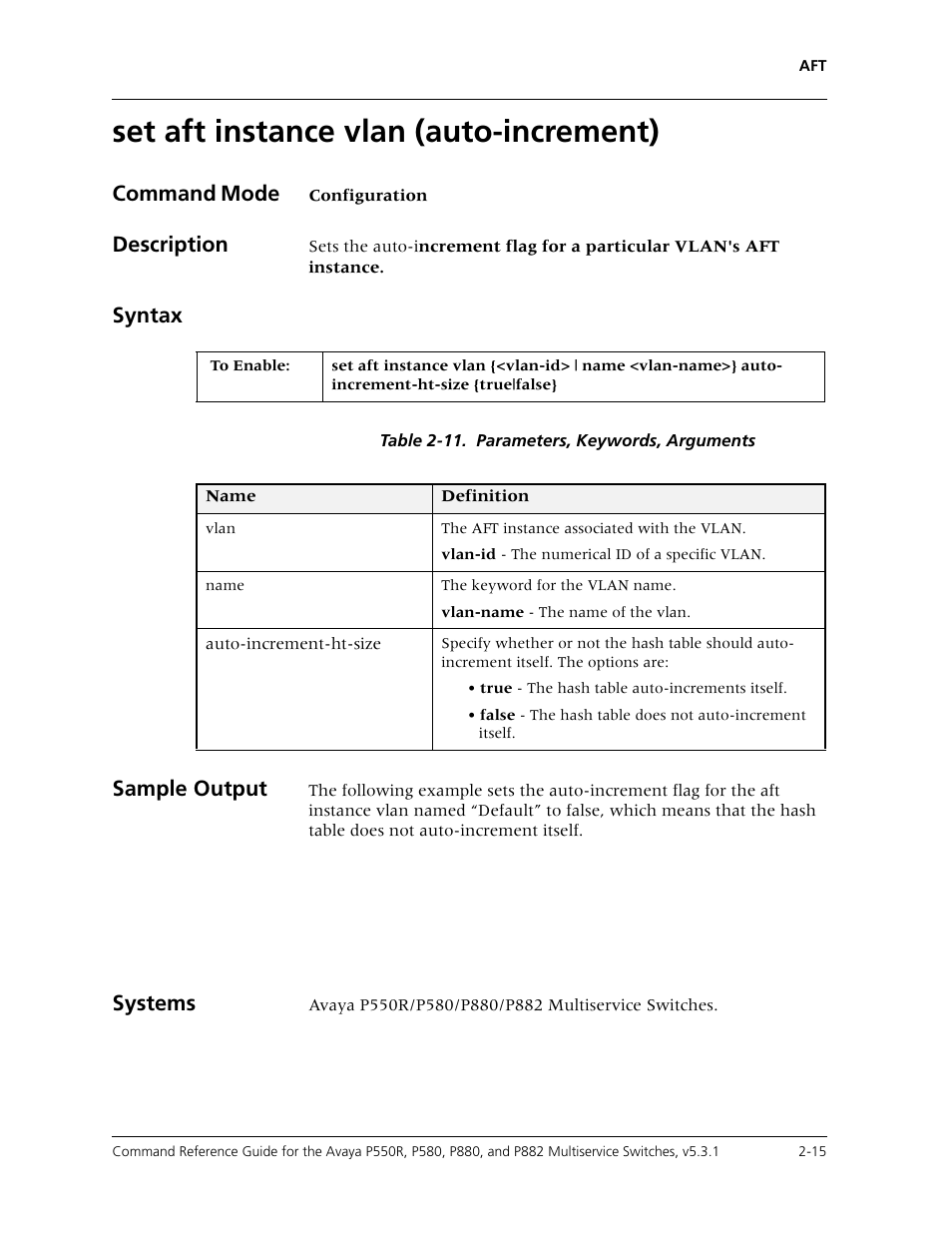 Set aft instance vlan (auto-increment), Set aft instance vlan (auto-increment) -15, Command mode | Description, Syntax, Sample output, Systems | Avaya Cajun P550R User Manual | Page 38 / 679