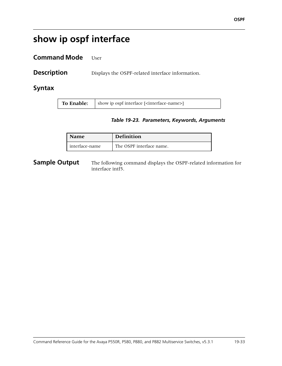 Show ip ospf interface, Show ip ospf interface -33, Command mode | Description, Syntax, Sample output | Avaya Cajun P550R User Manual | Page 380 / 679