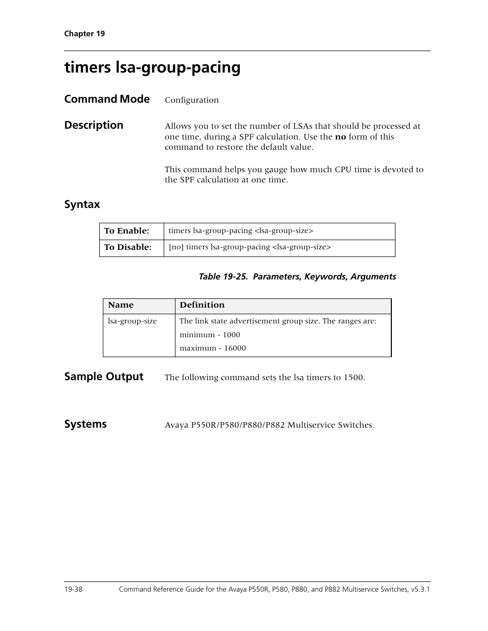 Timers lsa-group-pacing, Timers lsa-group-pacing -38, Command mode | Description, Syntax, Sample output, Systems | Avaya Cajun P550R User Manual | Page 385 / 679