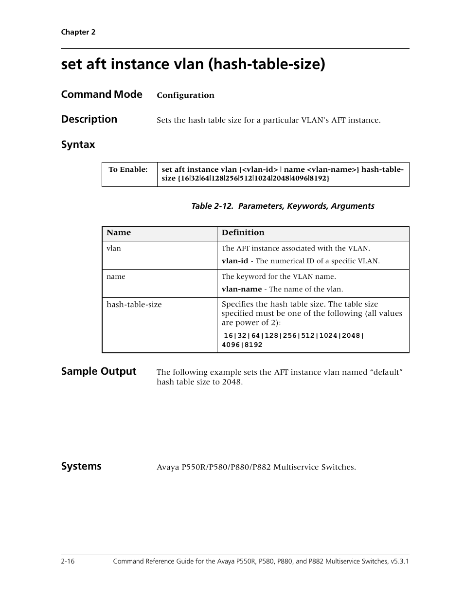 Set aft instance vlan (hash-table-size), Set aft instance vlan (hash-table-size) -16, Command mode | Description, Syntax, Sample output, Systems | Avaya Cajun P550R User Manual | Page 39 / 679