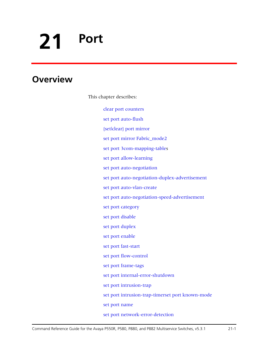 21 port, Overview, Chapter 21 — port -1 | Overview -1, Port | Avaya Cajun P550R User Manual | Page 404 / 679