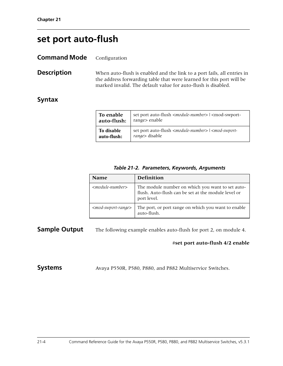 Set port auto-flush, Set port auto-flush -4, Command mode | Description, Syntax sample output, Systems | Avaya Cajun P550R User Manual | Page 407 / 679