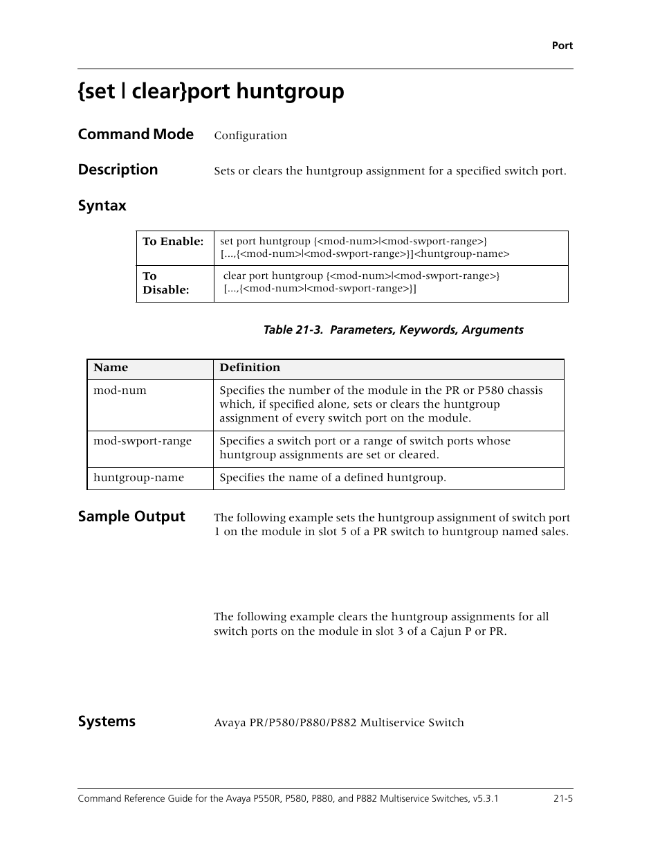 Set | clear}port huntgroup, Set | clear}port huntgroup -5 | Avaya Cajun P550R User Manual | Page 408 / 679